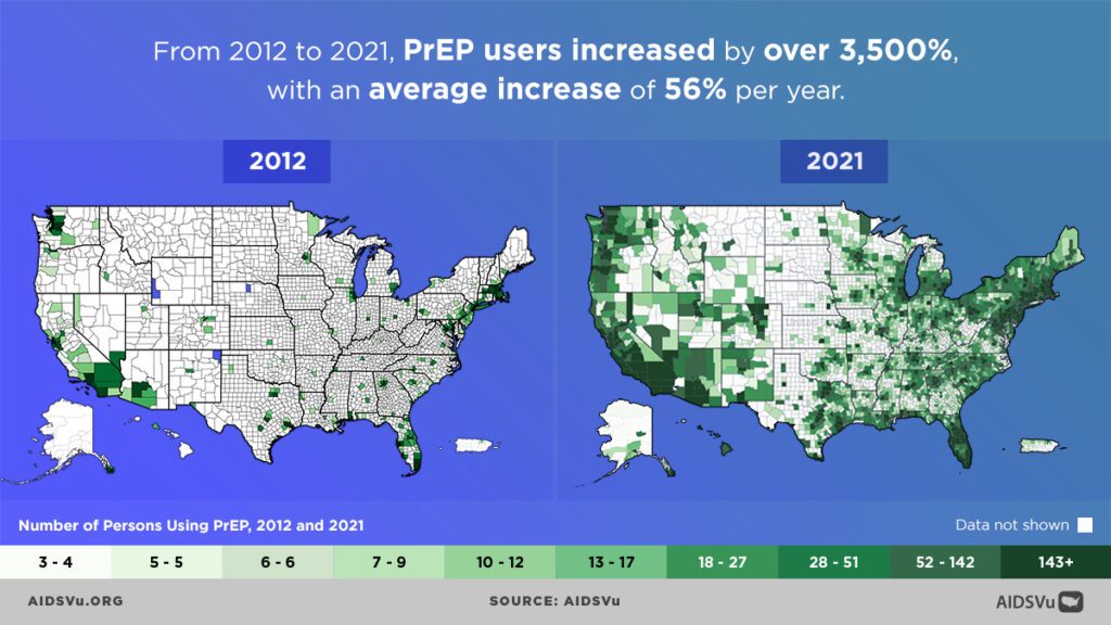 A comparative map of the United states in 2012 vs 2021 showing increased prep use in the 2021 map.