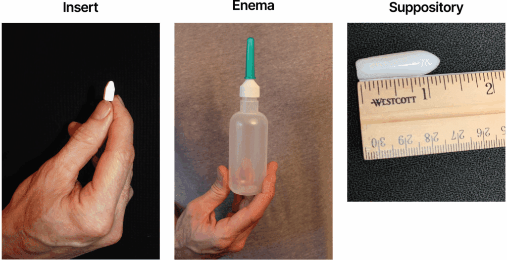 An image divided in 3 parts. On the left is a hand holding a small pill, labeled "insert." In the middle is a hand holding an enema. And on the right is a small white item next to a ruler labeled suppository.