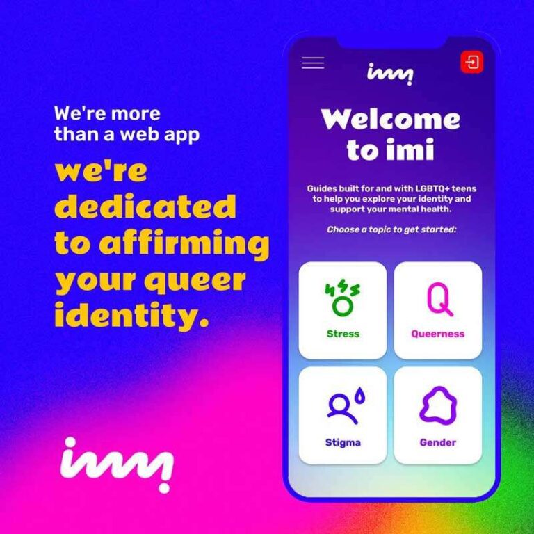 graphic image of the imi app on a phone screen next to text that says "we're dedicated to affirming your queer identity"