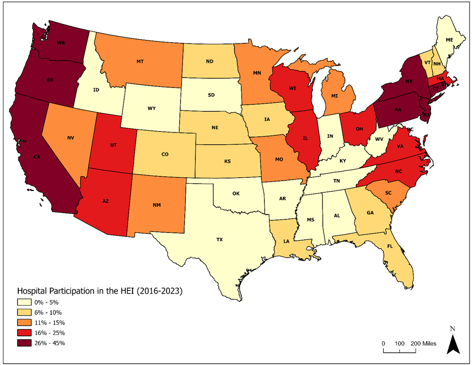 Map of the United States with a key in the lower left corner indicating the color of each state's correlation to hospital participation in HEI. The colors range from yellow to dark red.