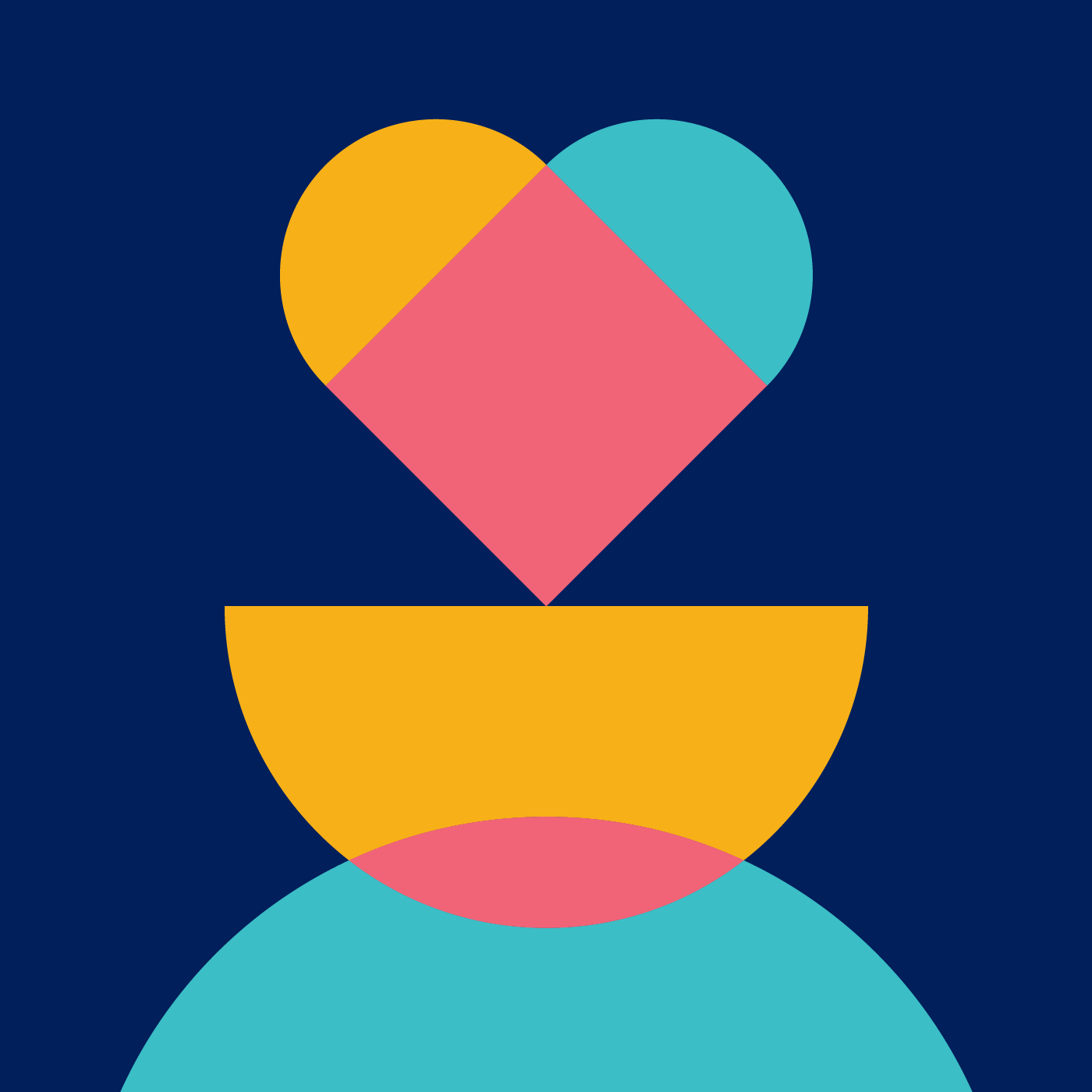 Colorful decorative graphic comprised of overlapping shapes, including a heart