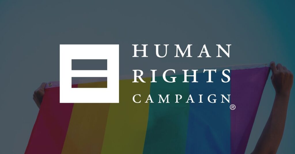 Human Rights Campaign logo with Pride flag in background