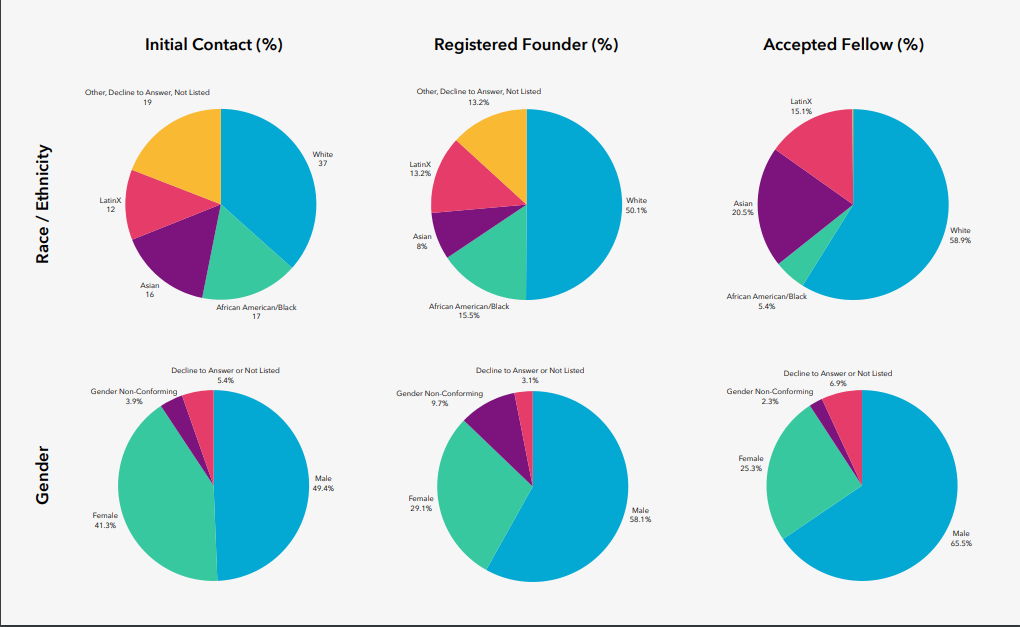 A series of pie charts showing the break down of racial/ethnic and gender identities of StartUps founders