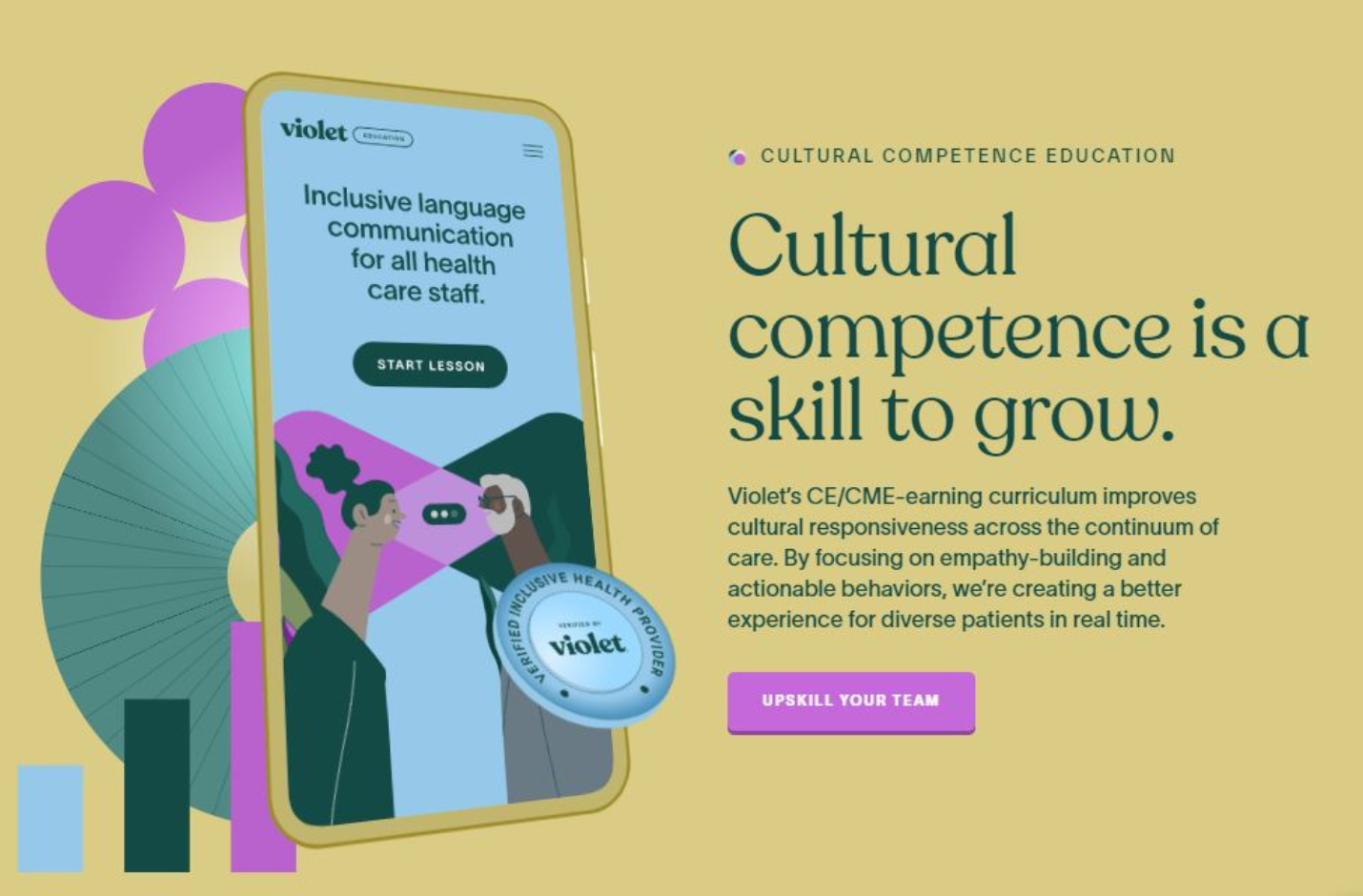 A graphic of Violet's app on a cell phone, with text to the right that reads "Cultural Competence is a skill to grow"