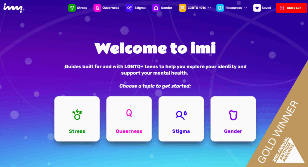 screenshot of imi webpage which reads "Wecleom to imi, guides built for and with LGBTQ+ teens to help you explore your identity and support your mental health."