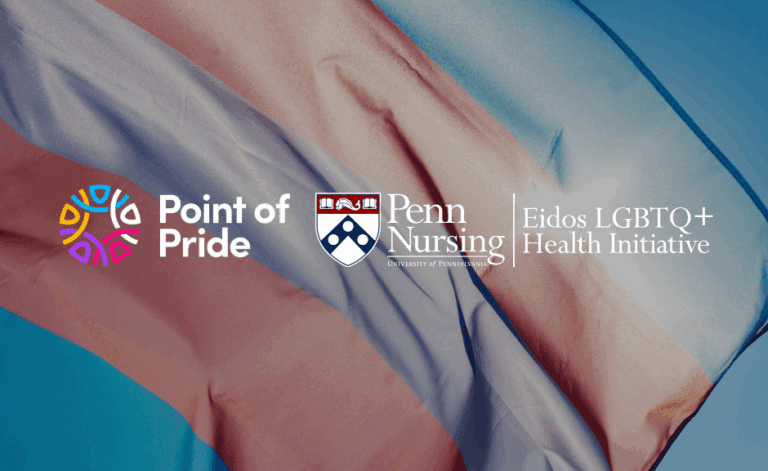 trans flag waving in the sky with logos overlaid for Point of Pride and the Eidos LGBTQ+ Health Initiative at Penn Nursing