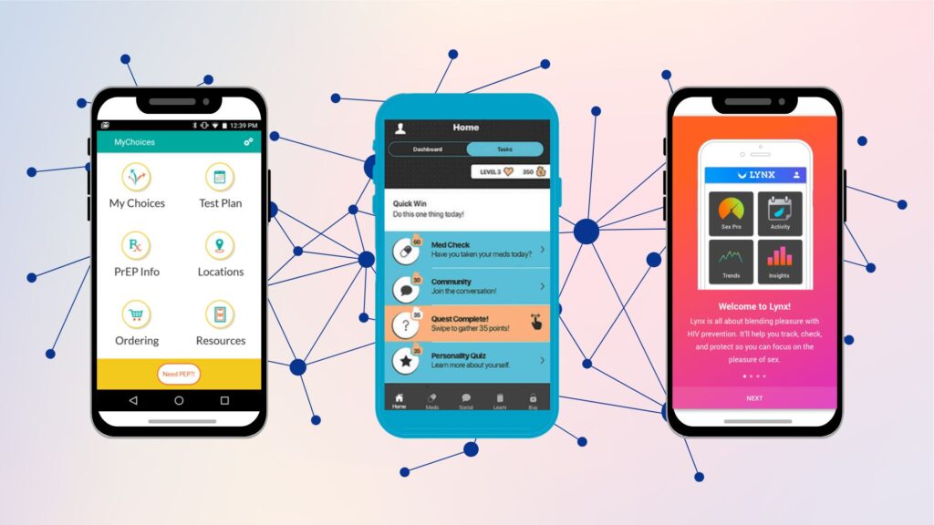 a graphic with 3 smart phones showing different digital health intervention apps onscreen.