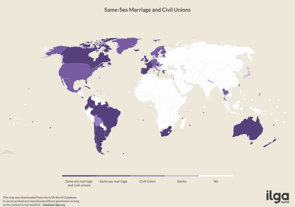 A global map indicating where same-sex marriage is legal or not