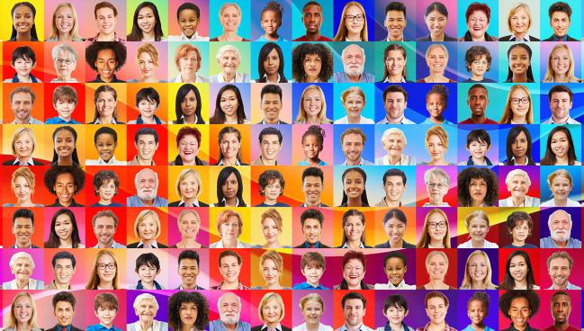 a rainbow of many many tiles that show a diverse assortment of peoples faces