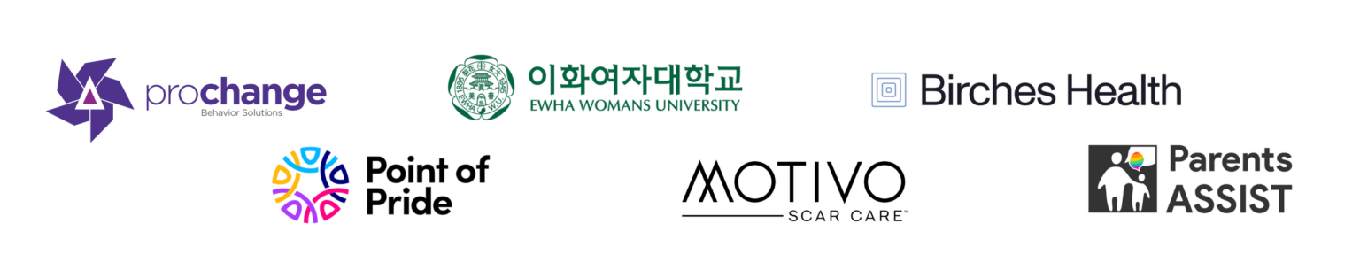 A logo cloud of six different logos of Eidos' partners. Prochange Behavior Solutions, Birches Health, Parents ASSIST, Point of Pride, Motivo, Ewha Womans University